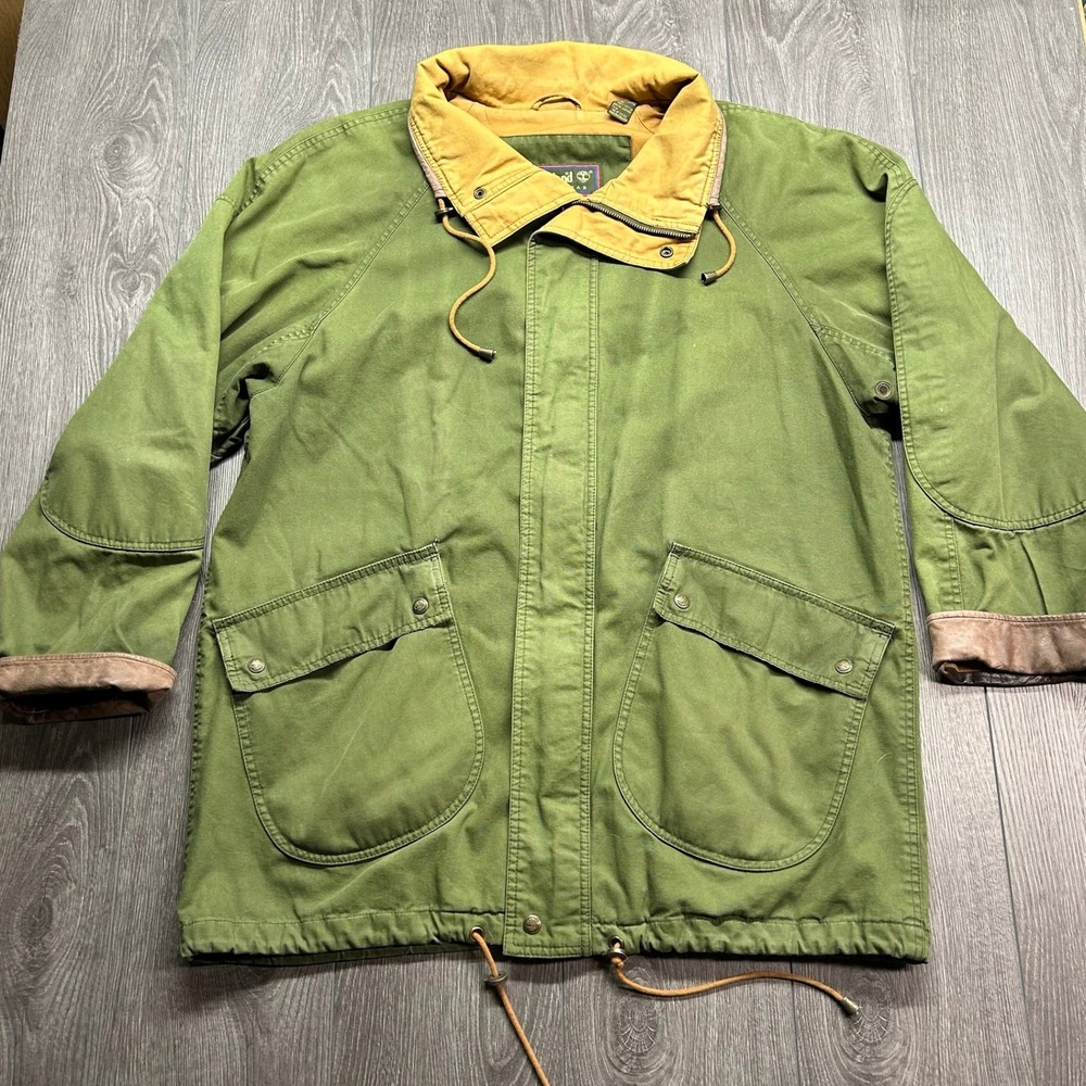 Vintage 90s Timberland Weathergear Green Canvas Field Jacket Leather Trim Mens L